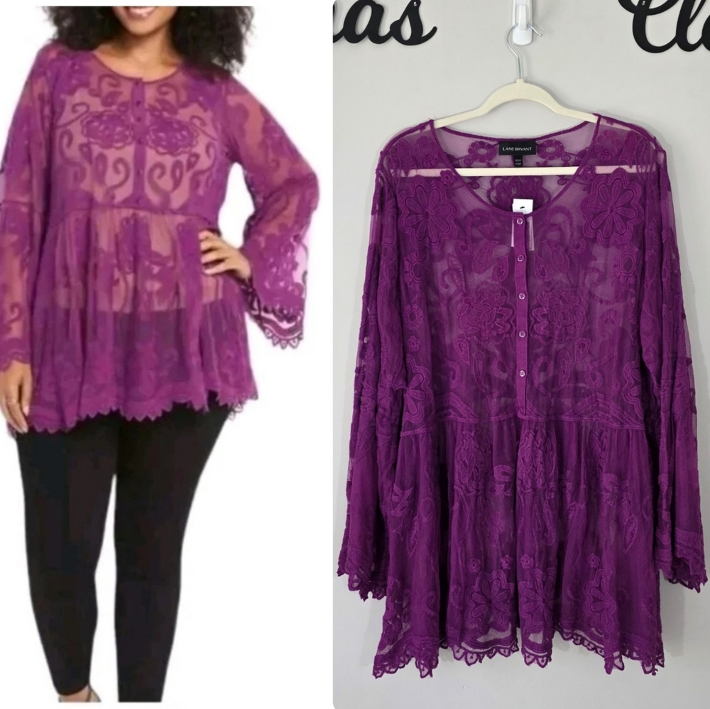 Lane Bryant Purple Lace Embroidered Illusion Collection Babydoll Tunic 22/24 NWT